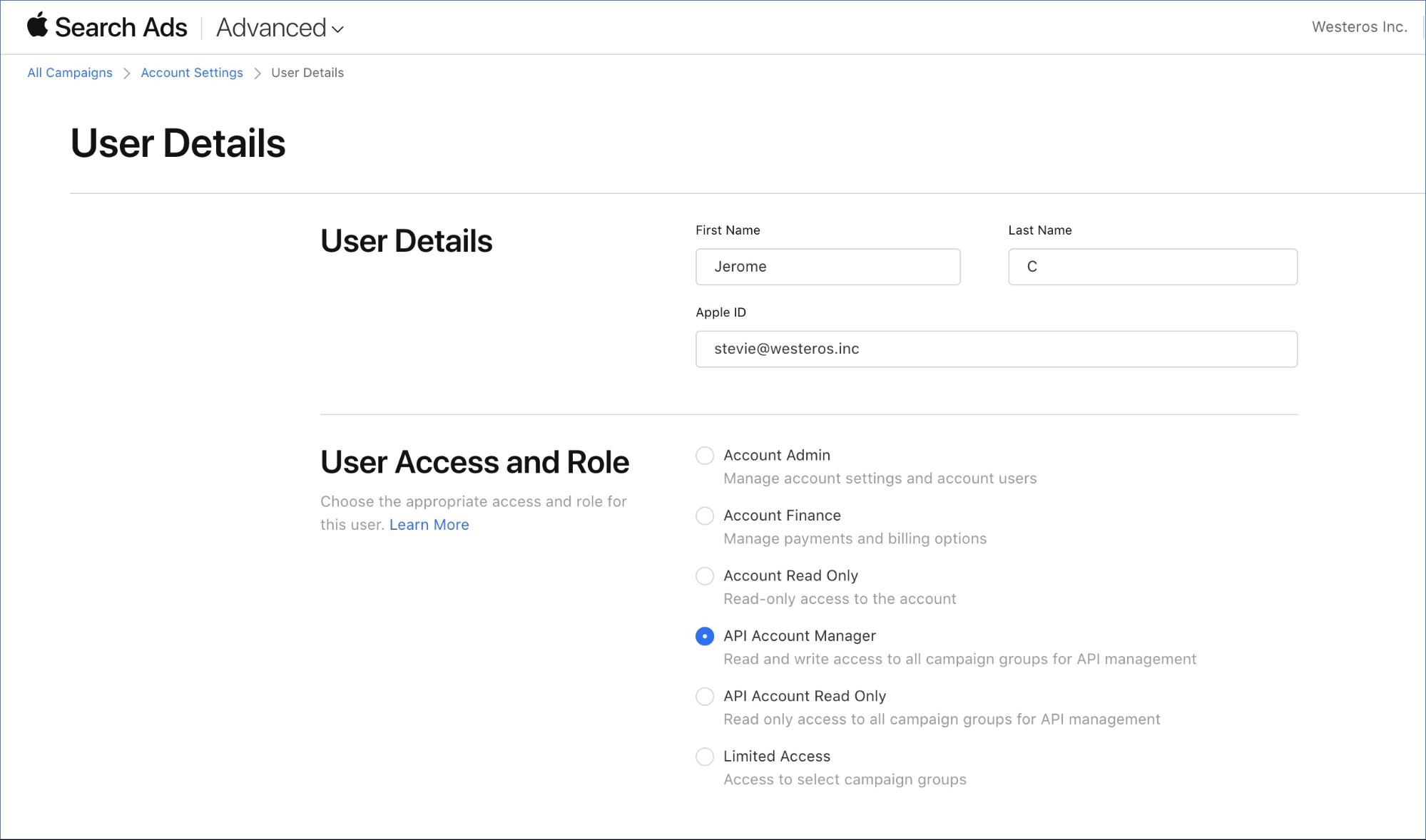 Apple Search Ads User Details