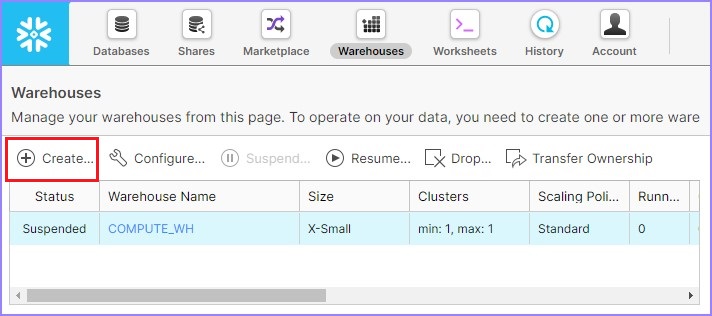 snowflake ui - warehouse page | Hevo Data