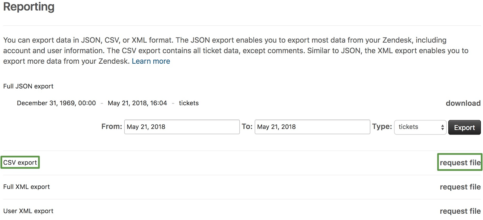 export csv files from zendesk