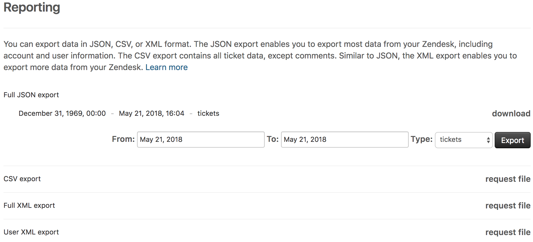 Reporting section in Zendesk