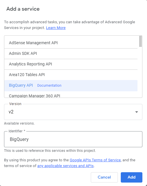 apps script bigquery: BigQuery API Connection