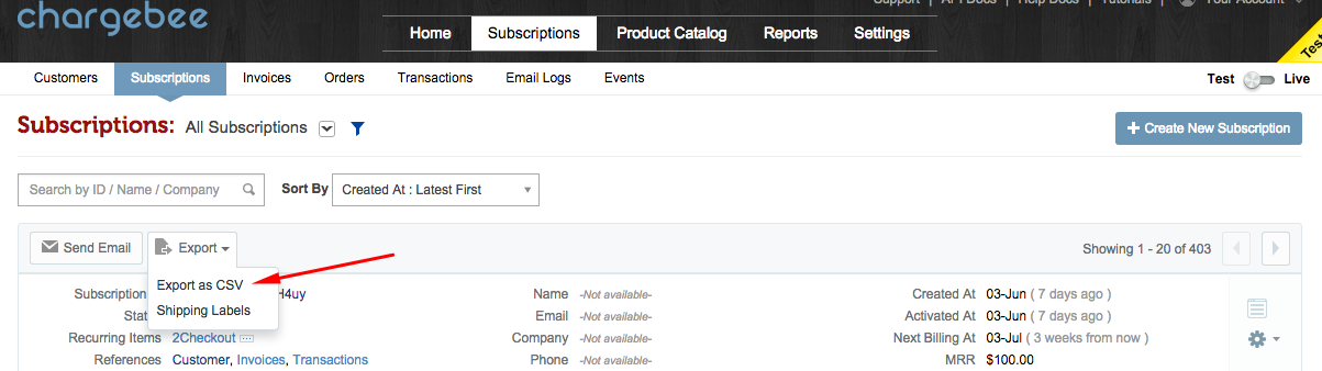 Chargebee to redshift: Export resources