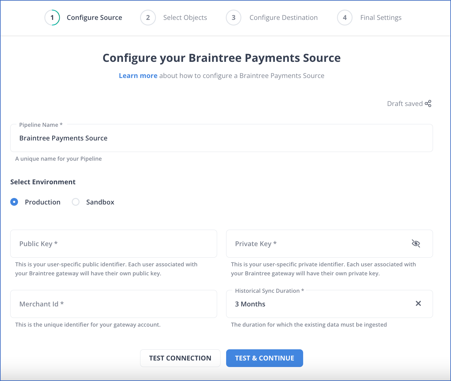 Braintree source connection page