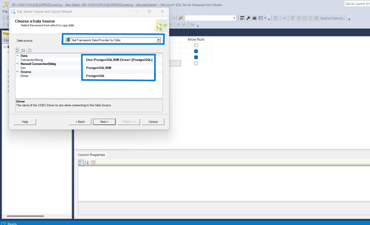 Choose a Data Source using the import export wizard