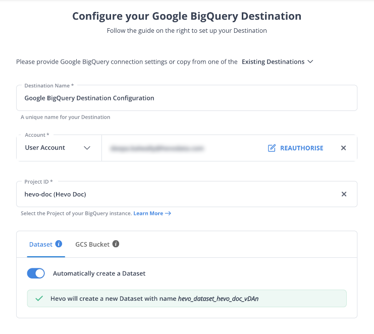 Configure BigQuery as the Destination.