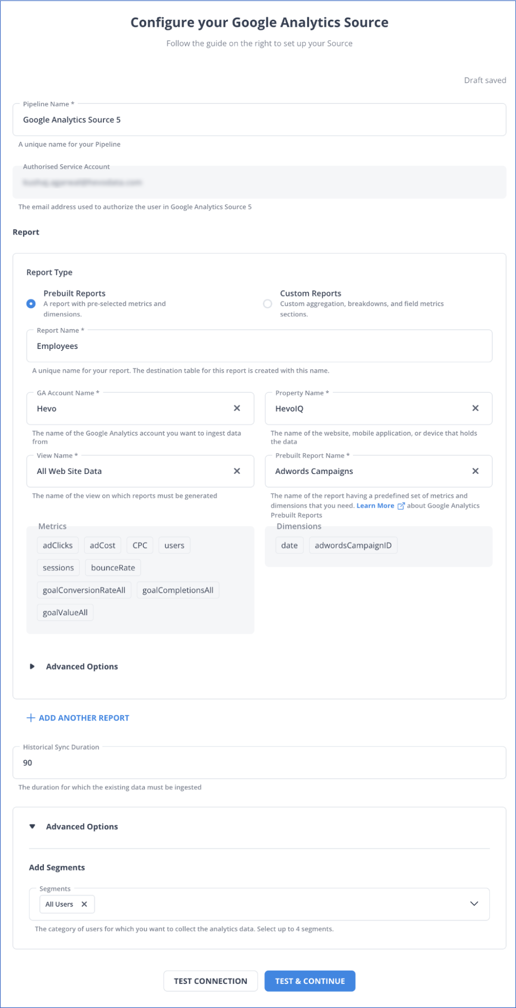 Configure Google Analytics as source