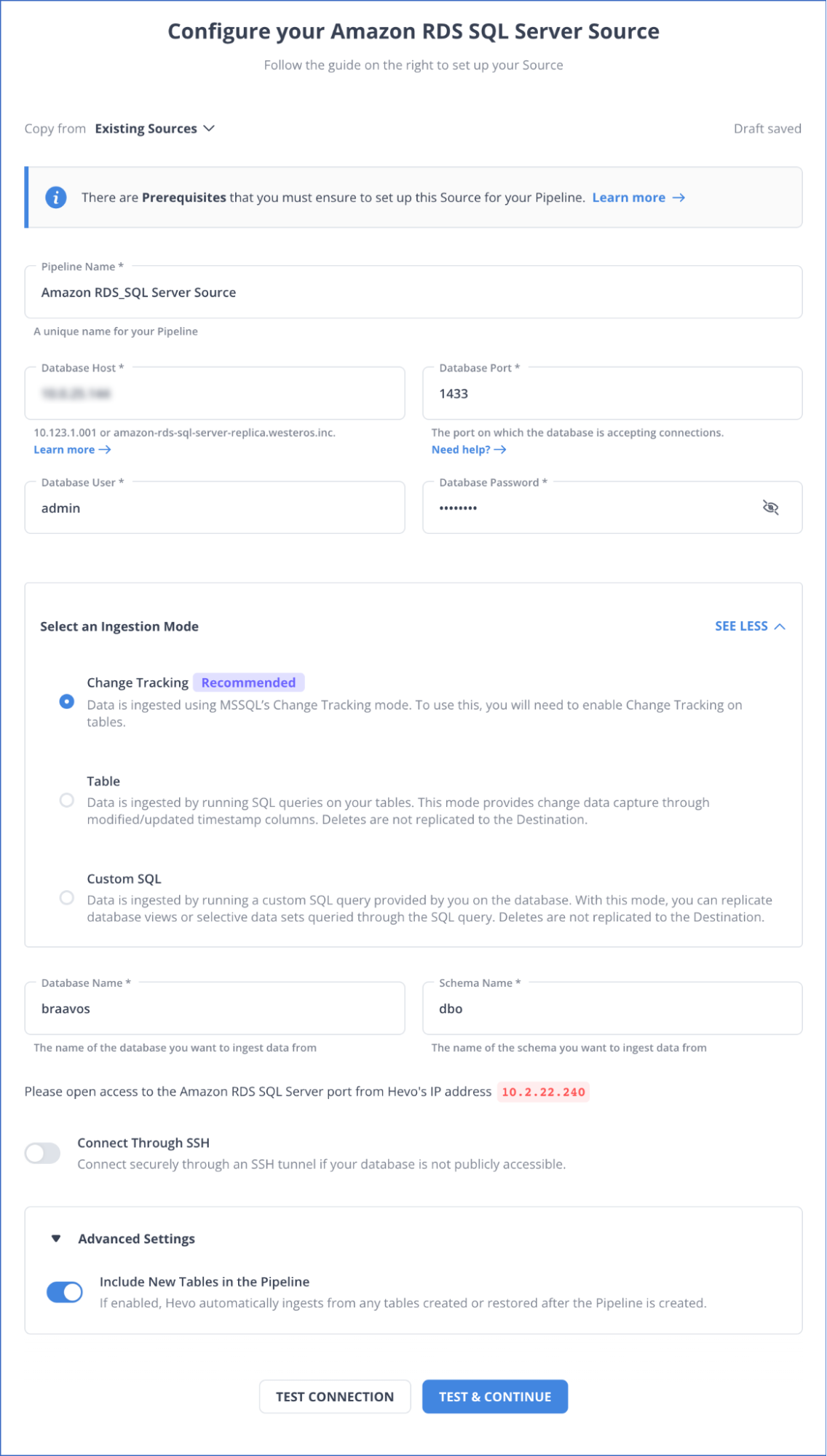 Configuring Amazon RDS SQL Server Source Page
