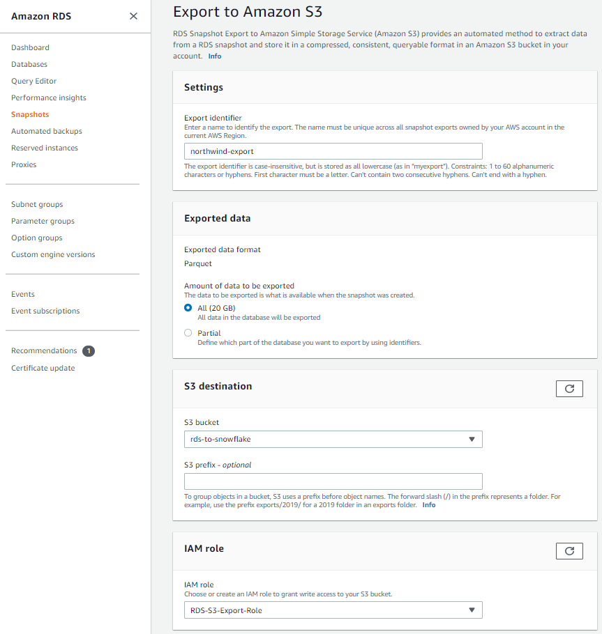 AWS RDS MSSQL to Snowflake: Configuring Export to Amazon S3 Page
