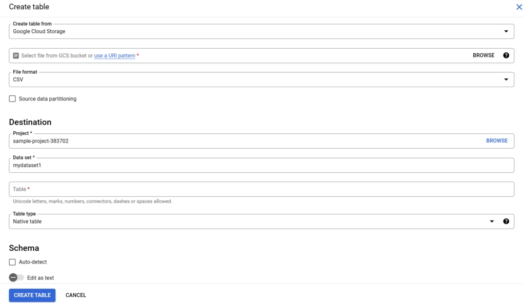 Create table and enter destination
