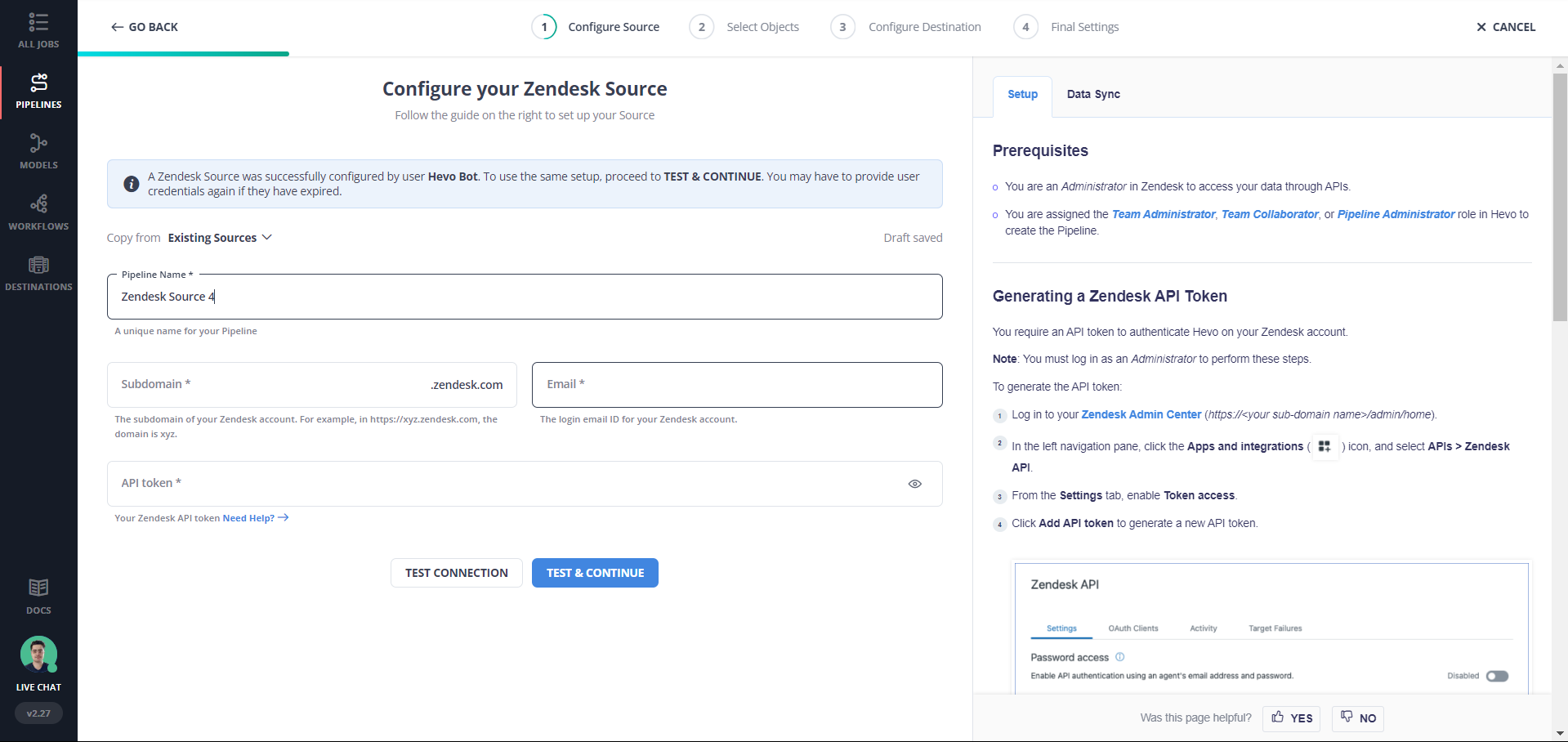 Configure zendesk as your source.