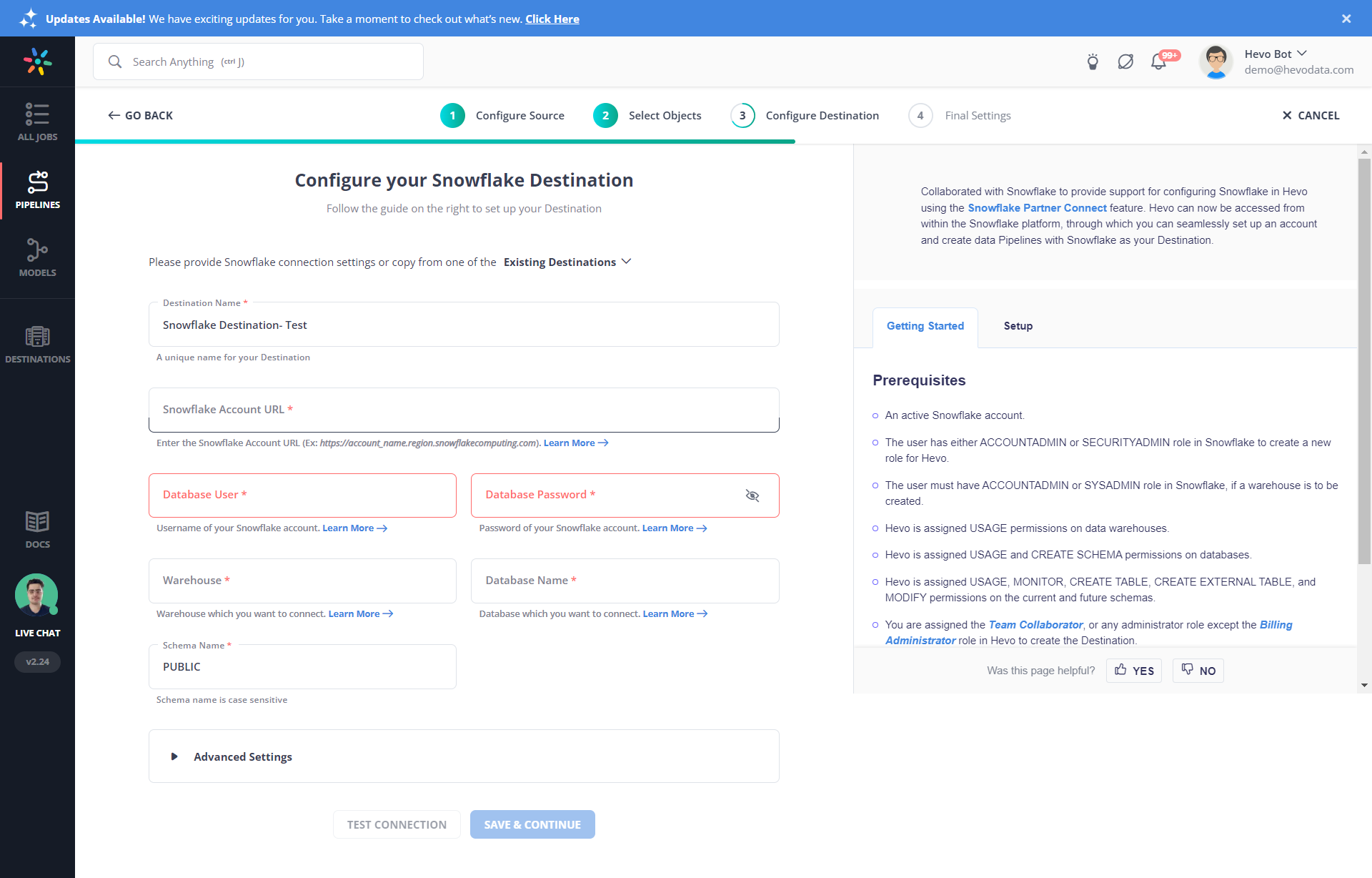 AWS Elasticsearch to Snowflake: Configure Snowflake as Destination