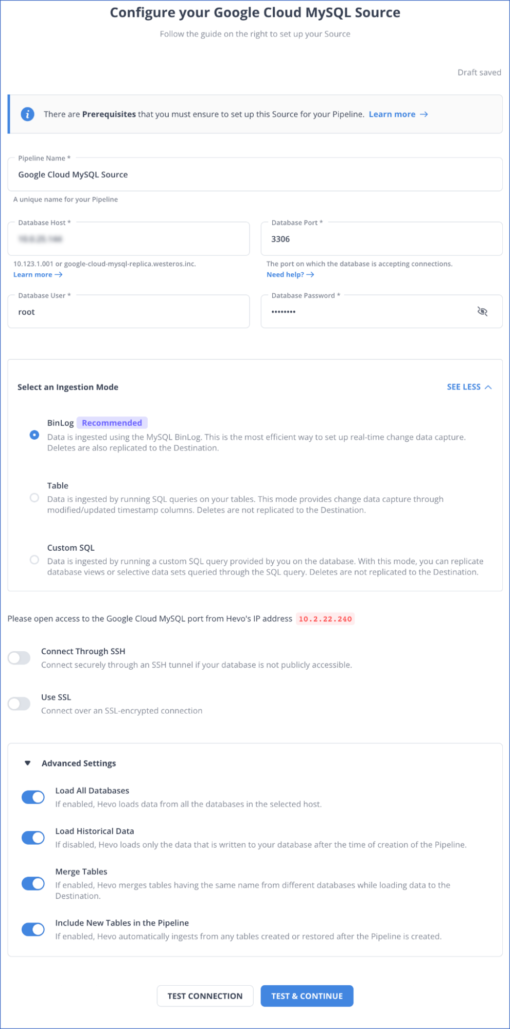 GCP MySQL to BigQuery: Configuring Your Google Cloud MySQL Source Page