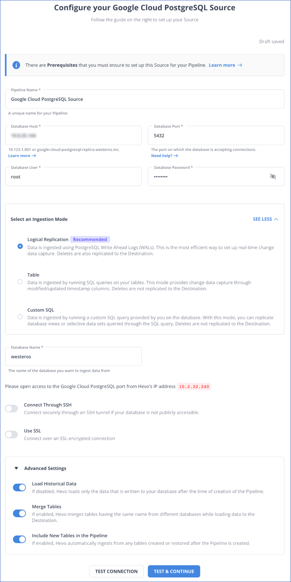 GCP Postgres to Databricks: Configure Source Settings 