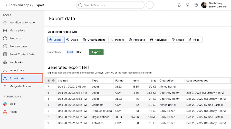export data option