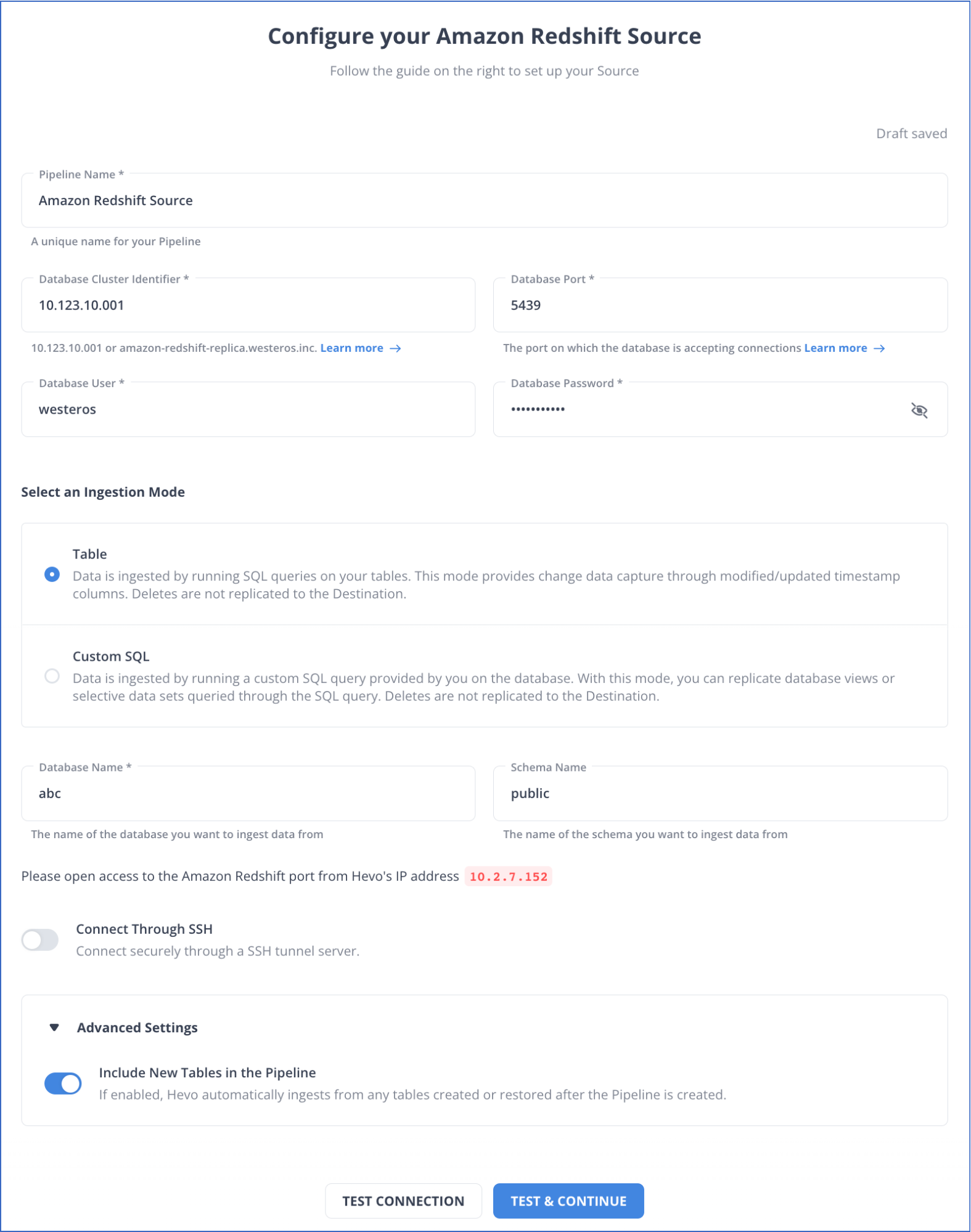 Amazon Redshift Bulk Load: Configure Redshift Source