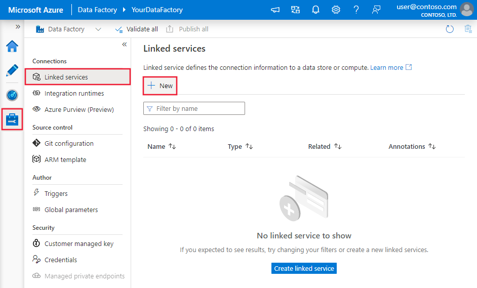 Google Sheets to Azure Synapse: Create a new linked service 