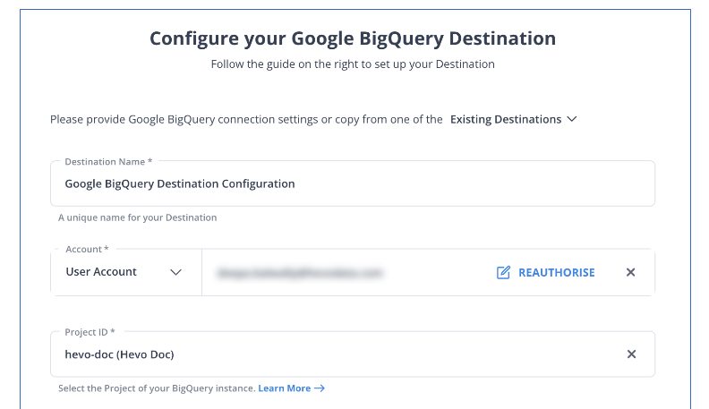 Pendo to BigQuery - Configure BigQuery as Destination