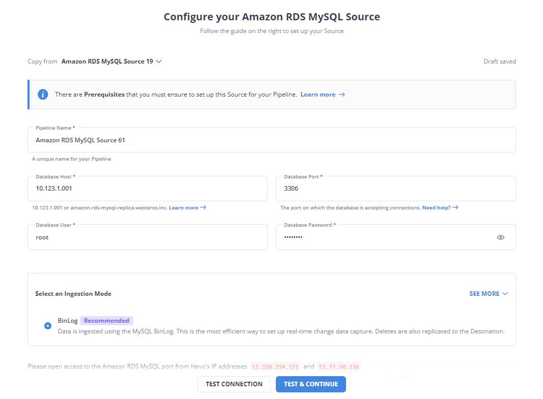 Amazon RDS MySQL as Source Overview page