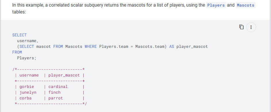 BigQuery Subquery: Code