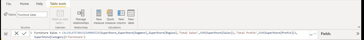 power bi calculated table: using CALCULATETABLE function with summarize function step 1