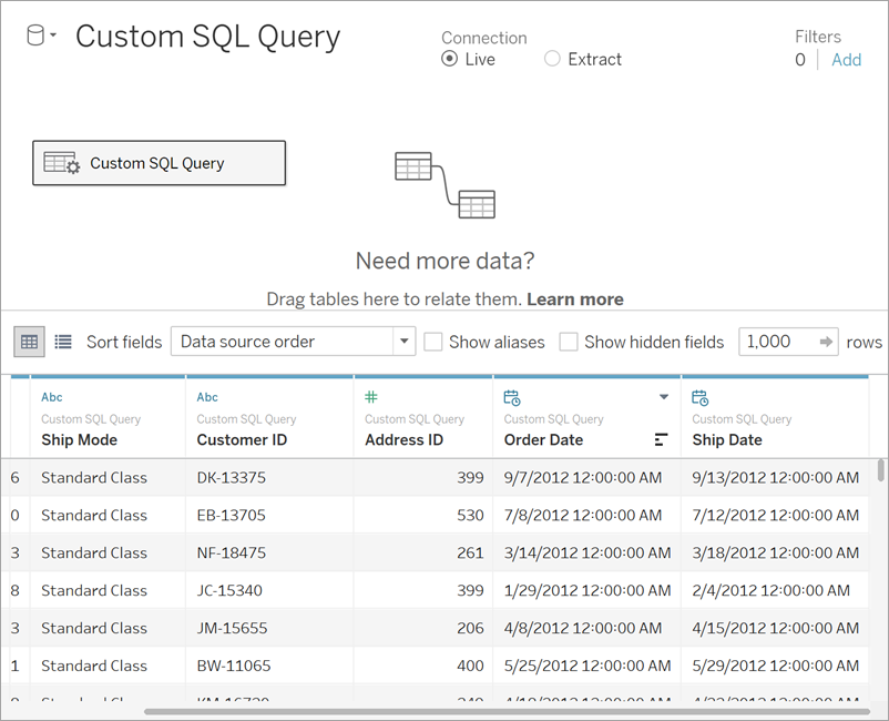 Tableau Oracle Connection: Custom SQL Query