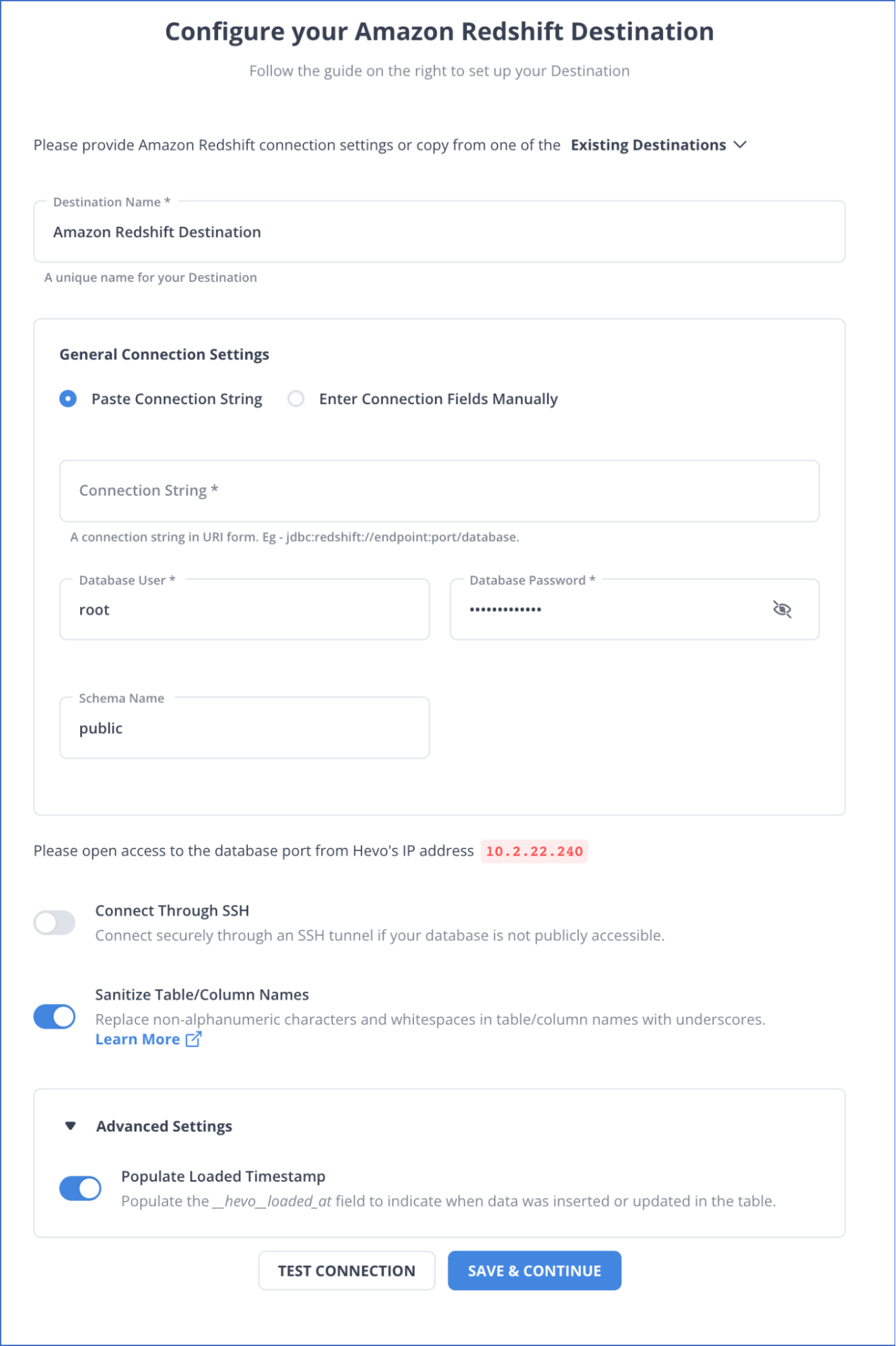 Google Sheets to Redshift: Configure Redshift as Destination