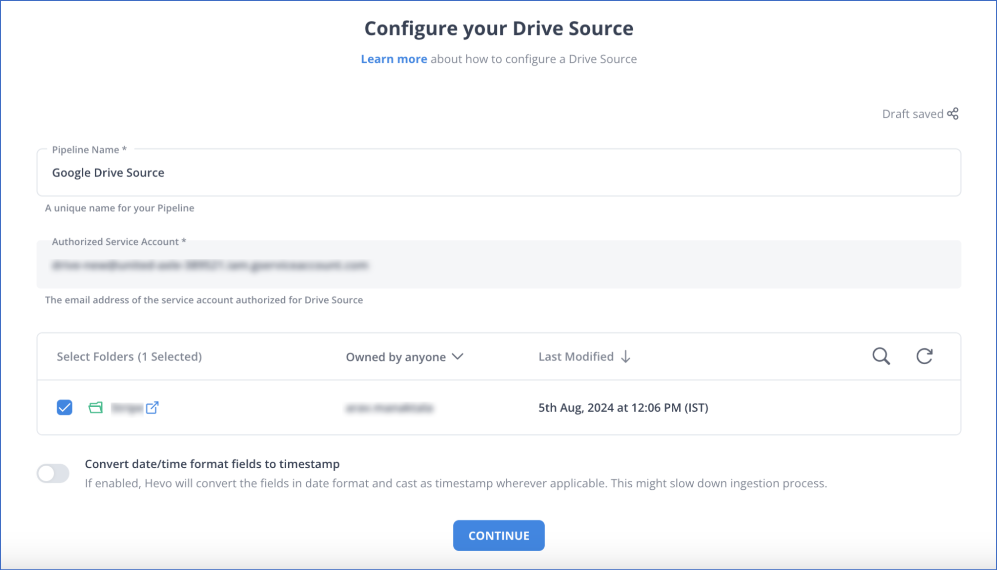 Google Drive to Snowflake: Configure Drive Source