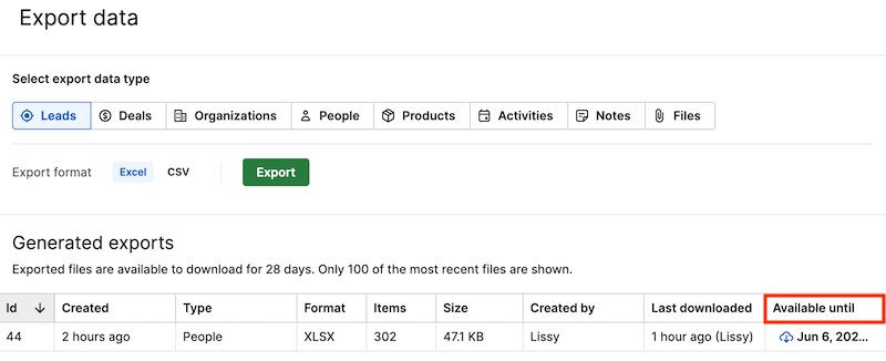 available until export data