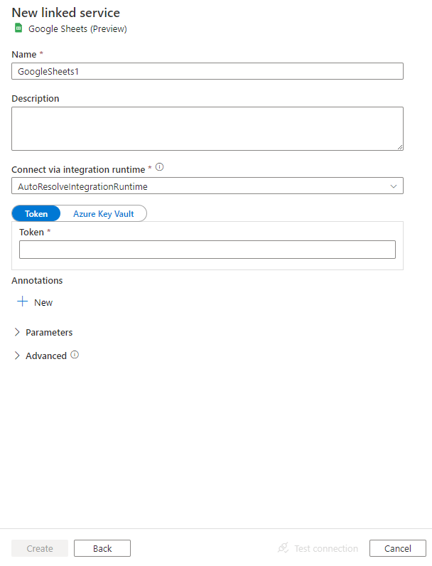 Google Sheets to Azure Synapse: Configure the service details