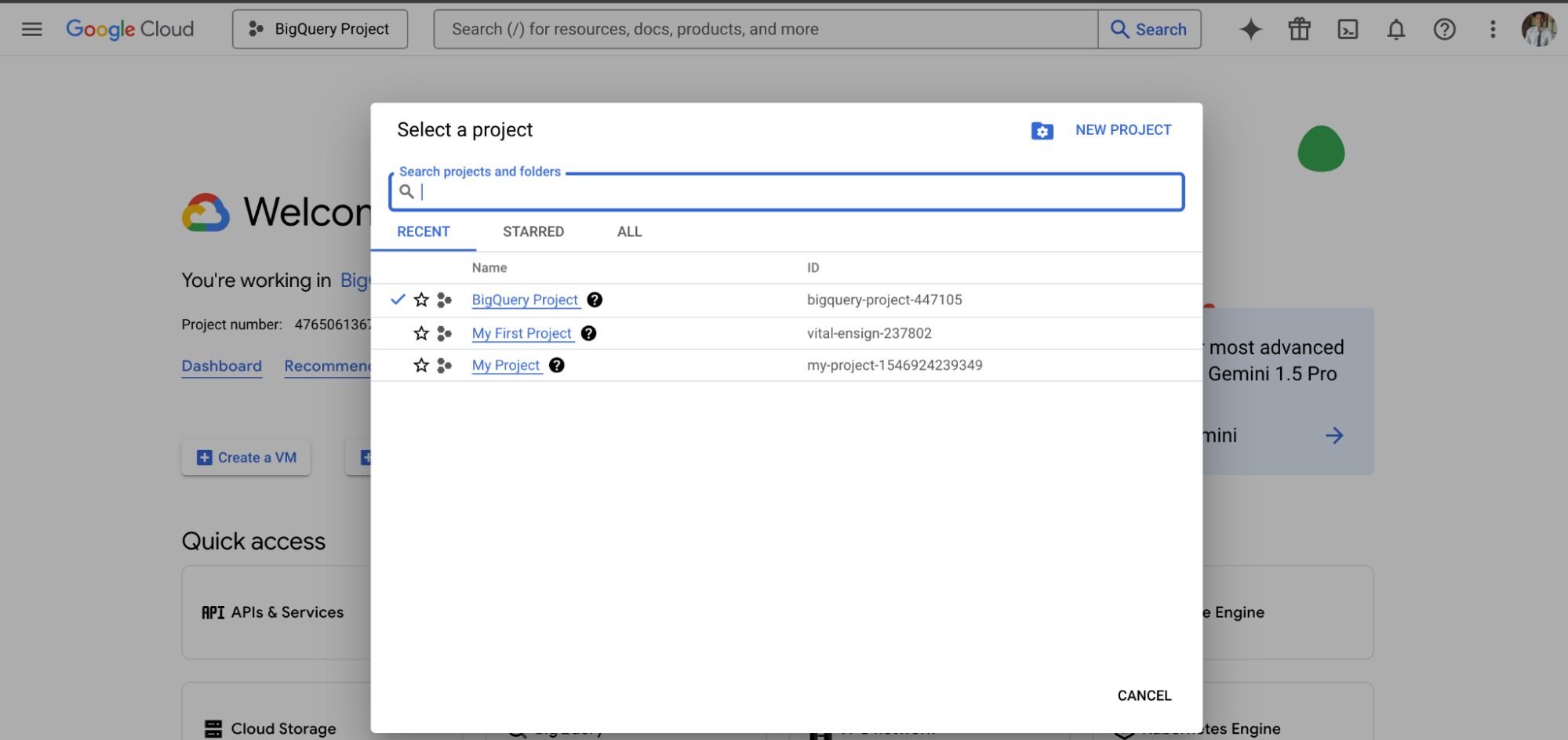 Select your project in BigQuery