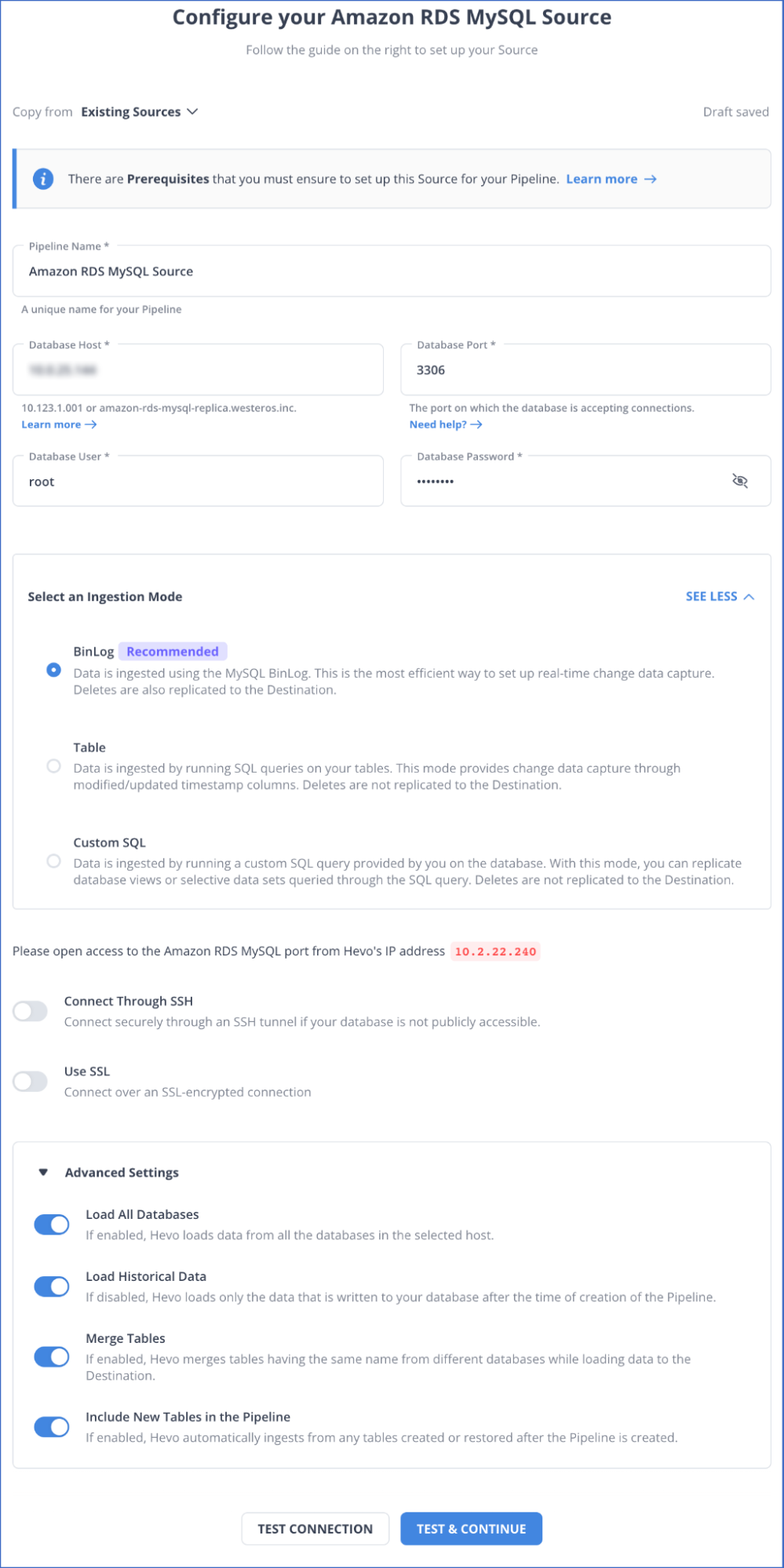 MySQL on Amazon RDS to BigQuery: Configure Amazon RDS MySQL as Source
