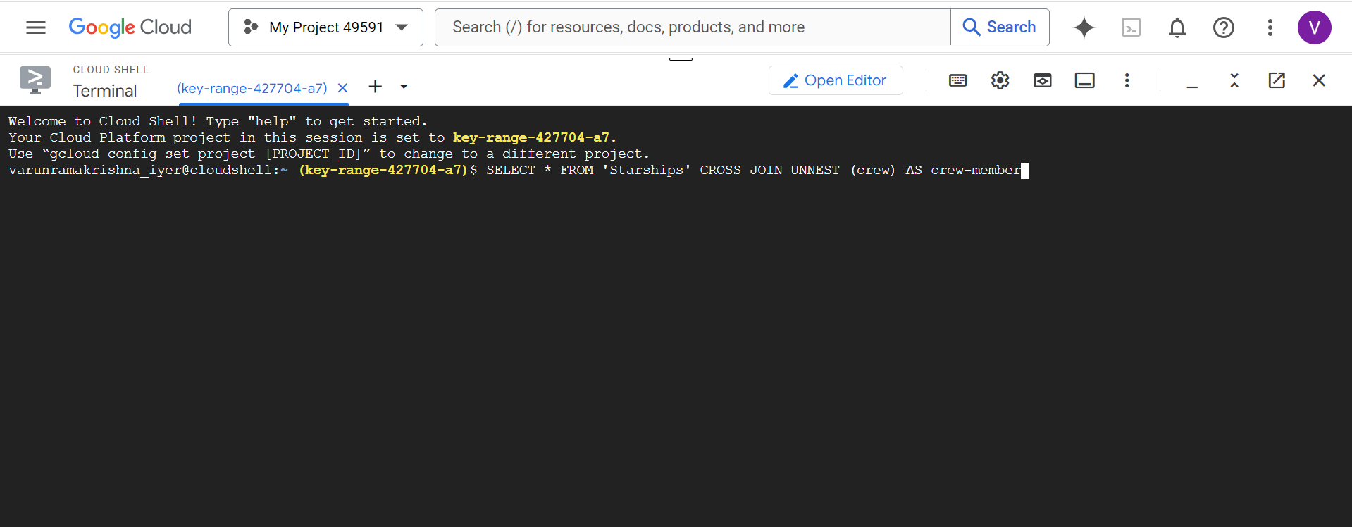 Google BigQuery Logo: Selecting a Row on BigQuery Google Cloud Shell