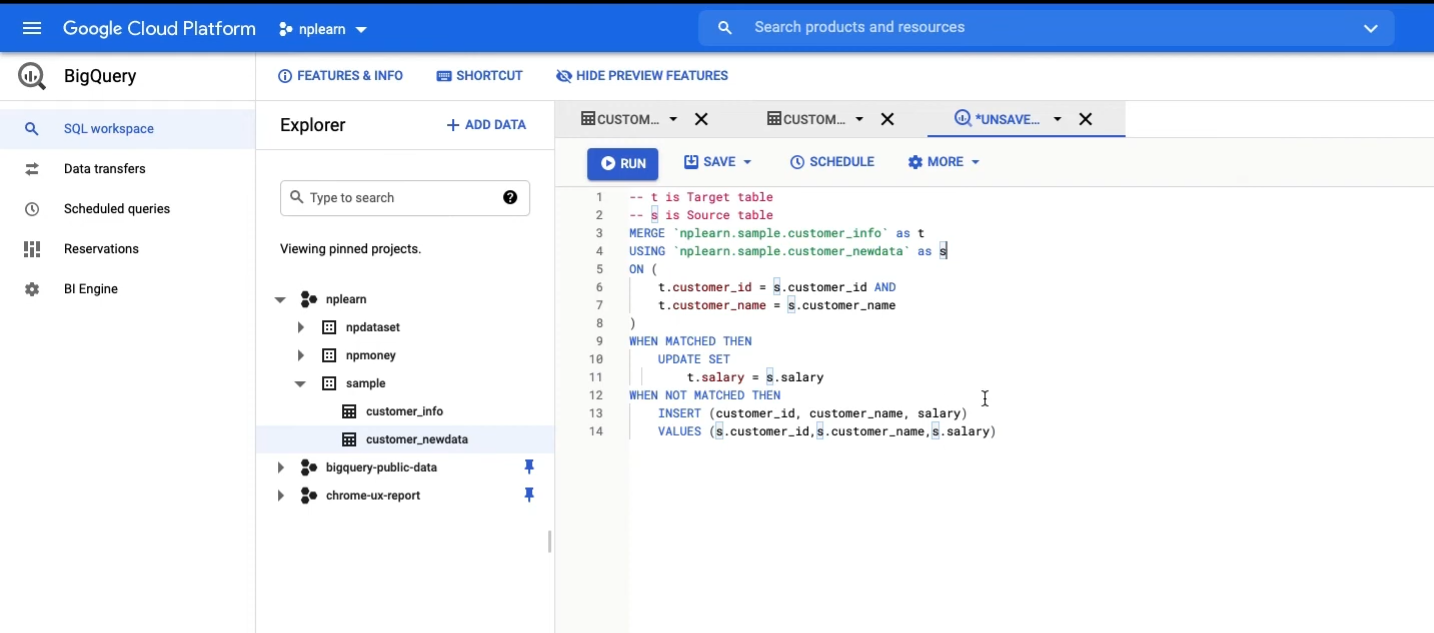 BigQuery UPSERT - MERGE code