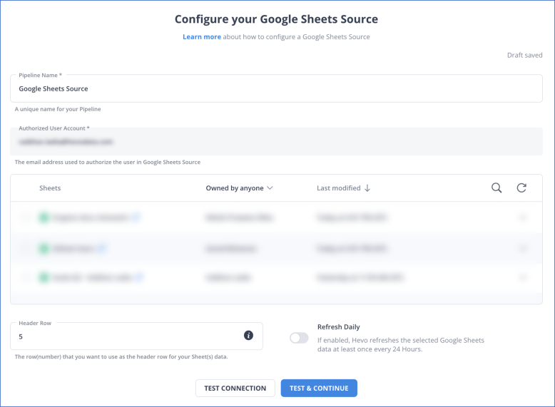 Google Sheets to Redshift: Configure Google Sheets as Source
