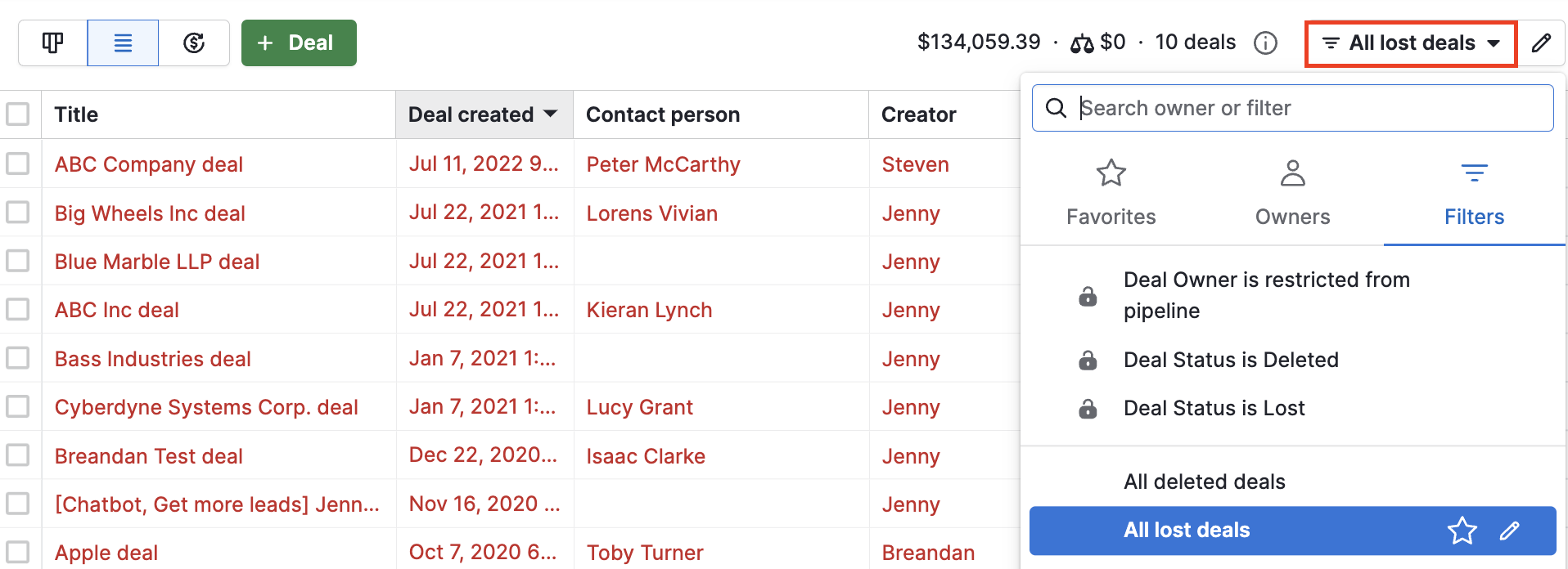 all lost deals options
