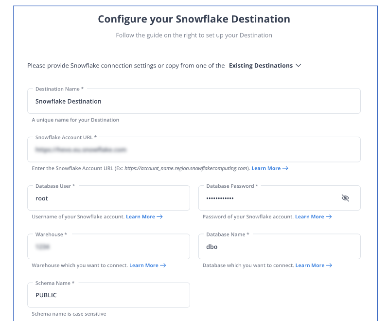 Google Drive to Snowflake: Configure Snowflake Destination