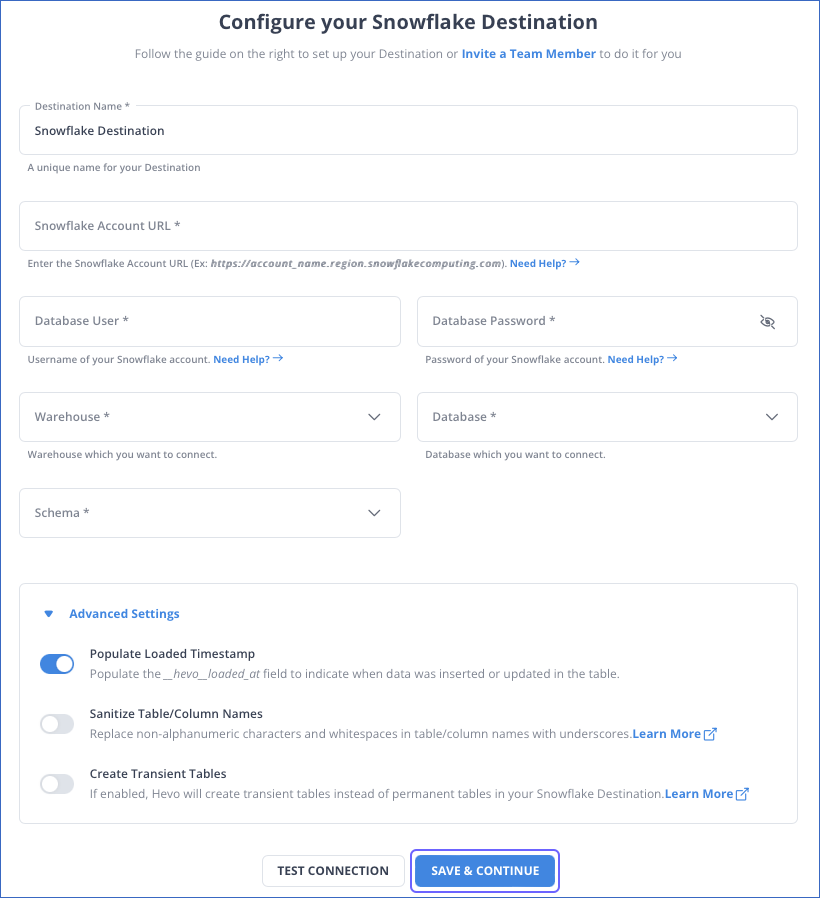 Airtable to Snowflake: Configure Snowflake as Destination