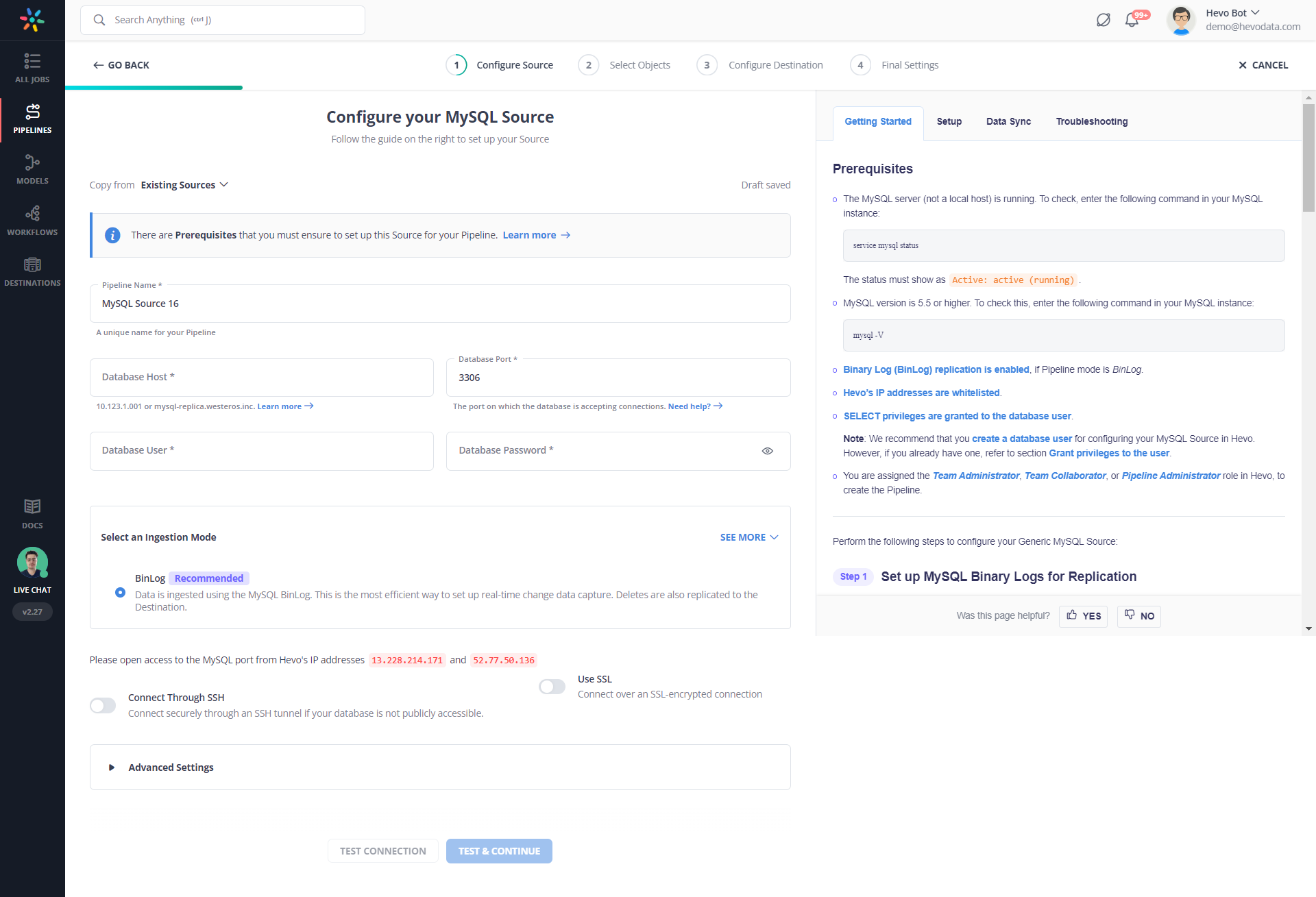 How to Build a Data Pipeline : MySQL Source Configuration