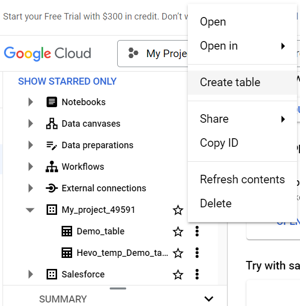 create table in bigquery