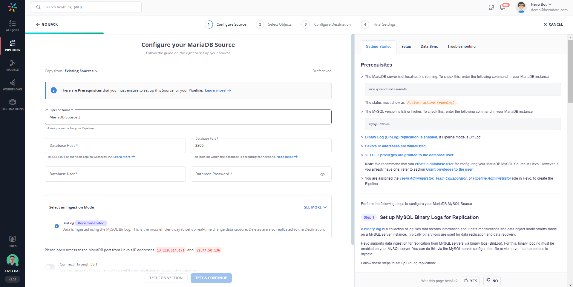 Configure MariaDB as a Source