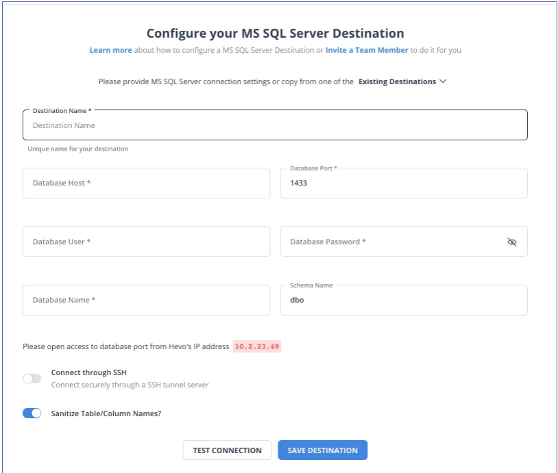 Configure MS SQL Server as a Destination