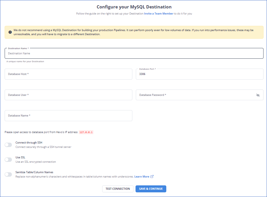 Configure MySQL as Destination