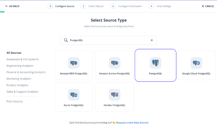 Select PostgreSQL as Source.