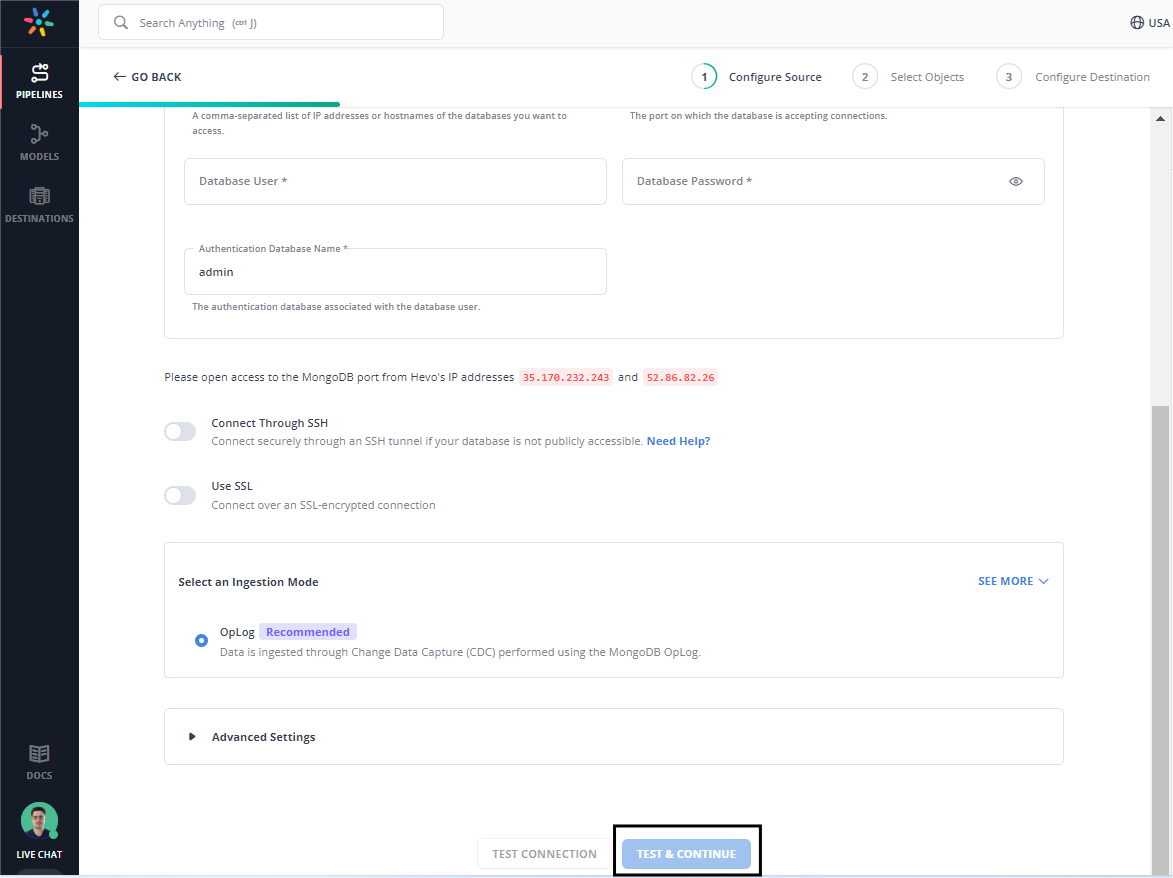 Configure MongoDB as a Source Details