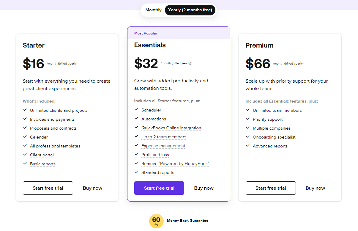 HoneyBook Pricing