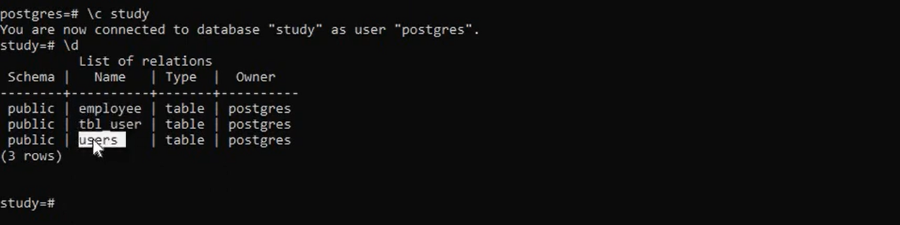 PostgreSQL CLI: database tables