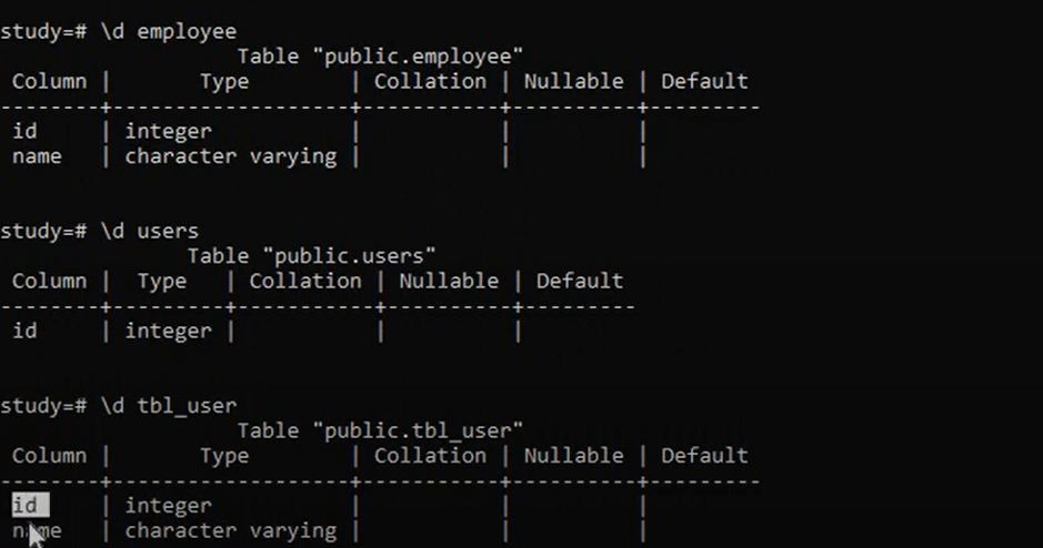 PostgreSQL CLI: describe a table