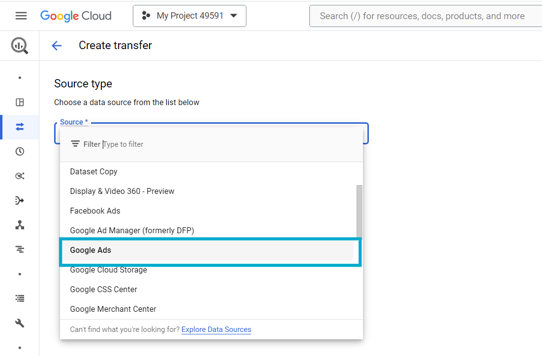 Select Google Ads as the source.
