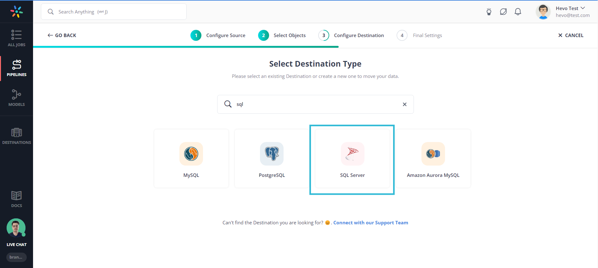 Select SQL Server as the Destiation.