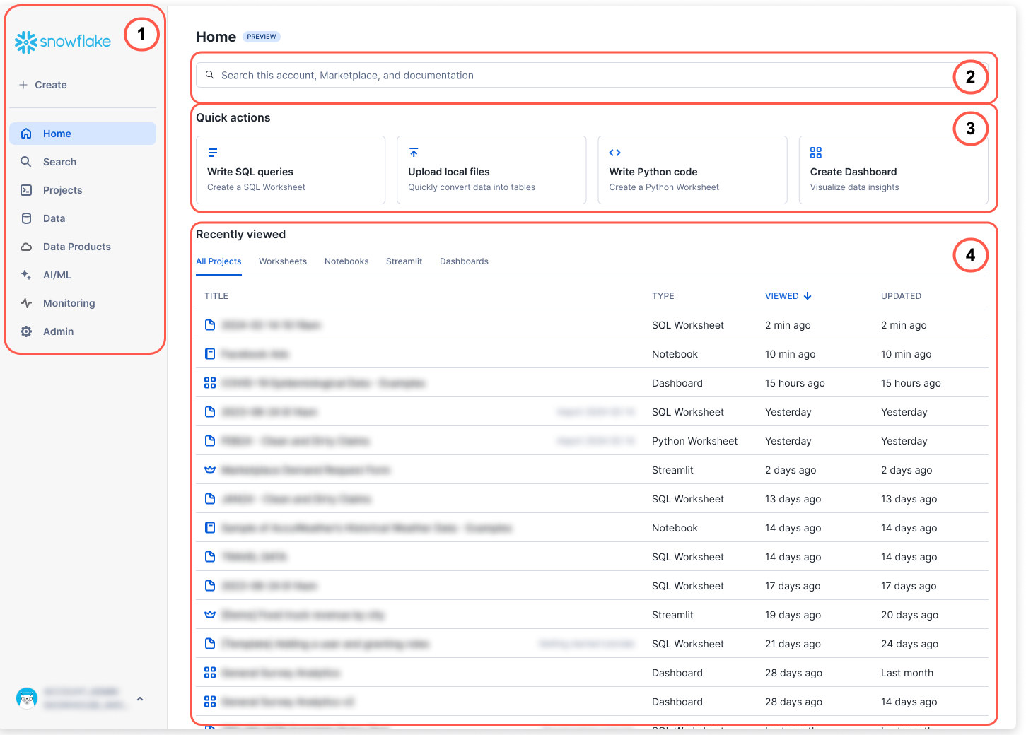 Snowflake web UI